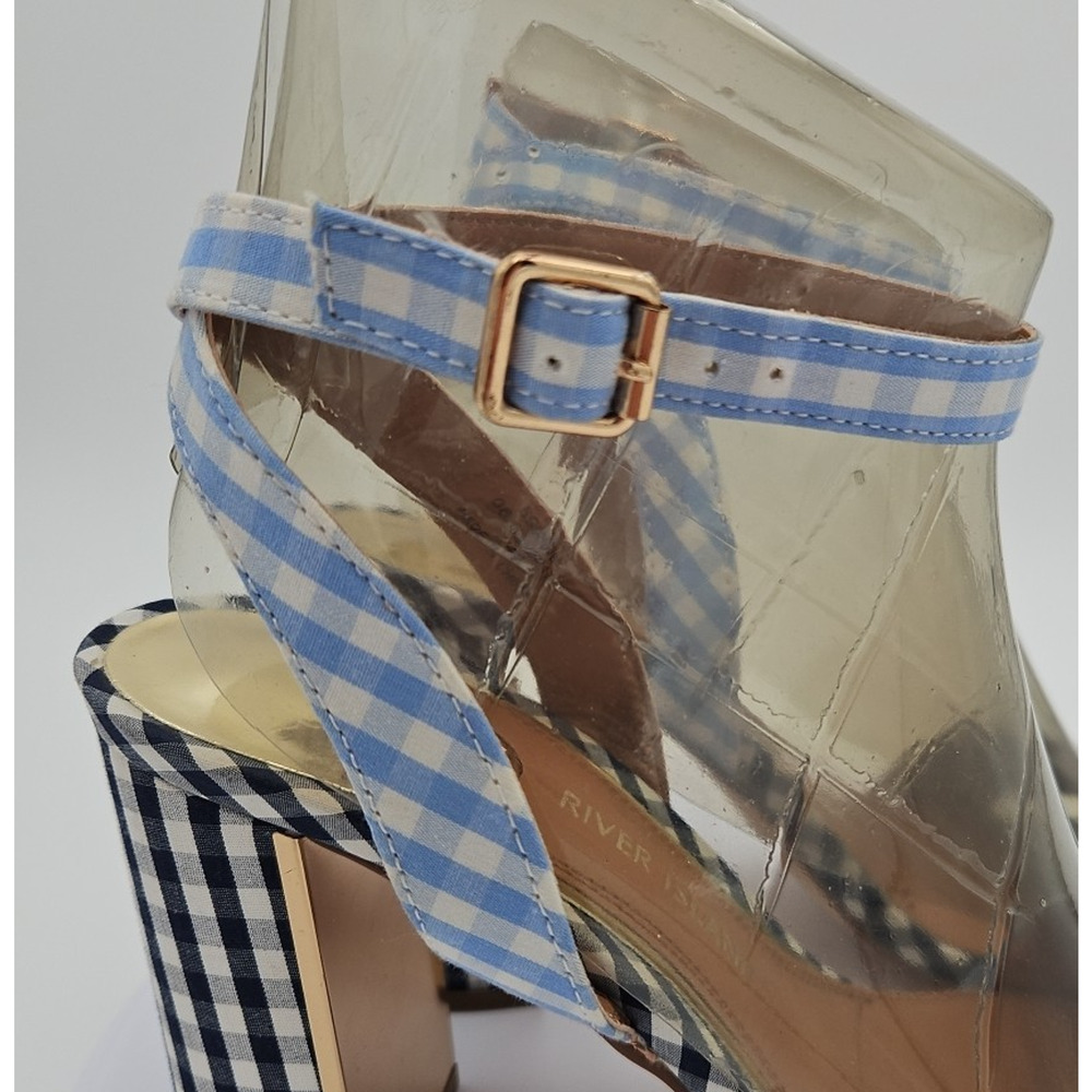 River Island Lt &‎ Dk Blue Gingham Strappy Sandal 4 inch Heels Womens Sz 7 *EUC* - Picture 6 of 16